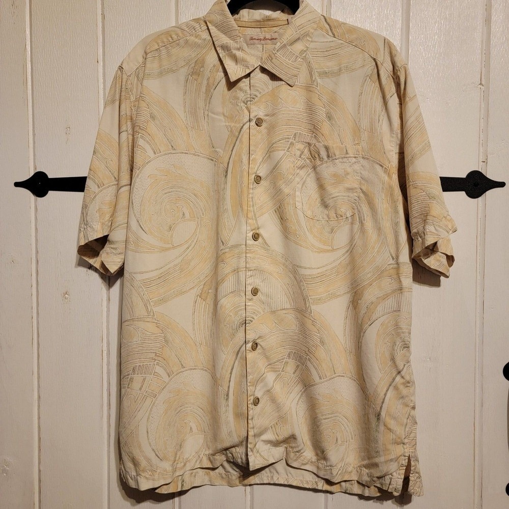 Tommy Bahama Mens Large 100% Silk Short Sleeve Button Down Shirt Abstract Tan - Picture 2 of 6